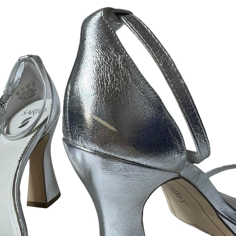 Franco Sarto Dolores Silver Leather Ankle Strap Heeled Sandals, Size 10 - Picture 7 of 9